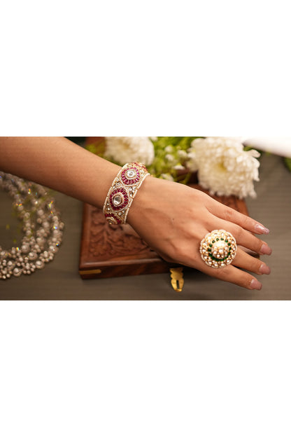 Gold Finish Kundan Polki & Ruby Stone Kada