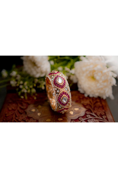 Gold Finish Kundan Polki & Ruby Stone Kada