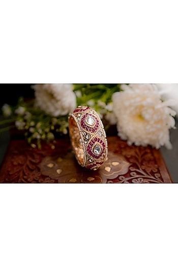 Gold Finish Kundan Polki & Ruby Stone Kada