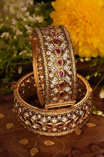 Gold Finish Kundan Polki & Ruby Bangles (Set Of 2)