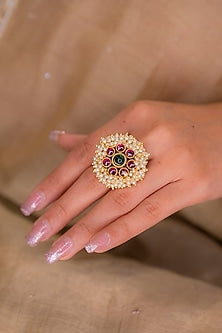 Gold Finish Ruby & Pearl Ring