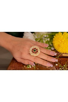 Gold Finish Ruby & Pearl Ring