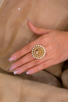 Gold Finish Kundan Polki & Peacock Motif Temple Ring