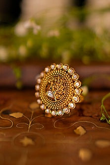 Gold Finish Kundan Polki & Peacock Motif Temple Ring