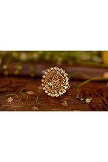 Gold Finish Kundan Polki & Peacock Motif Temple Ring
