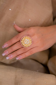 Gold Finish Kundan Polki & Pink Beaded Temple Ring