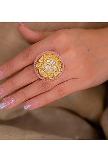 Gold Finish Kundan Polki & Pink Beaded Temple Ring