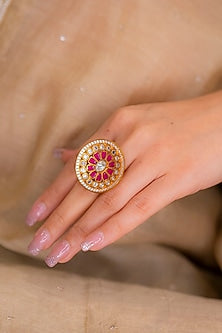 Gold Plated Ruby & Kundan Polki Enameled Ring