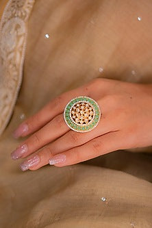 Gold Finish Moissanite Polki & Emerald Ring