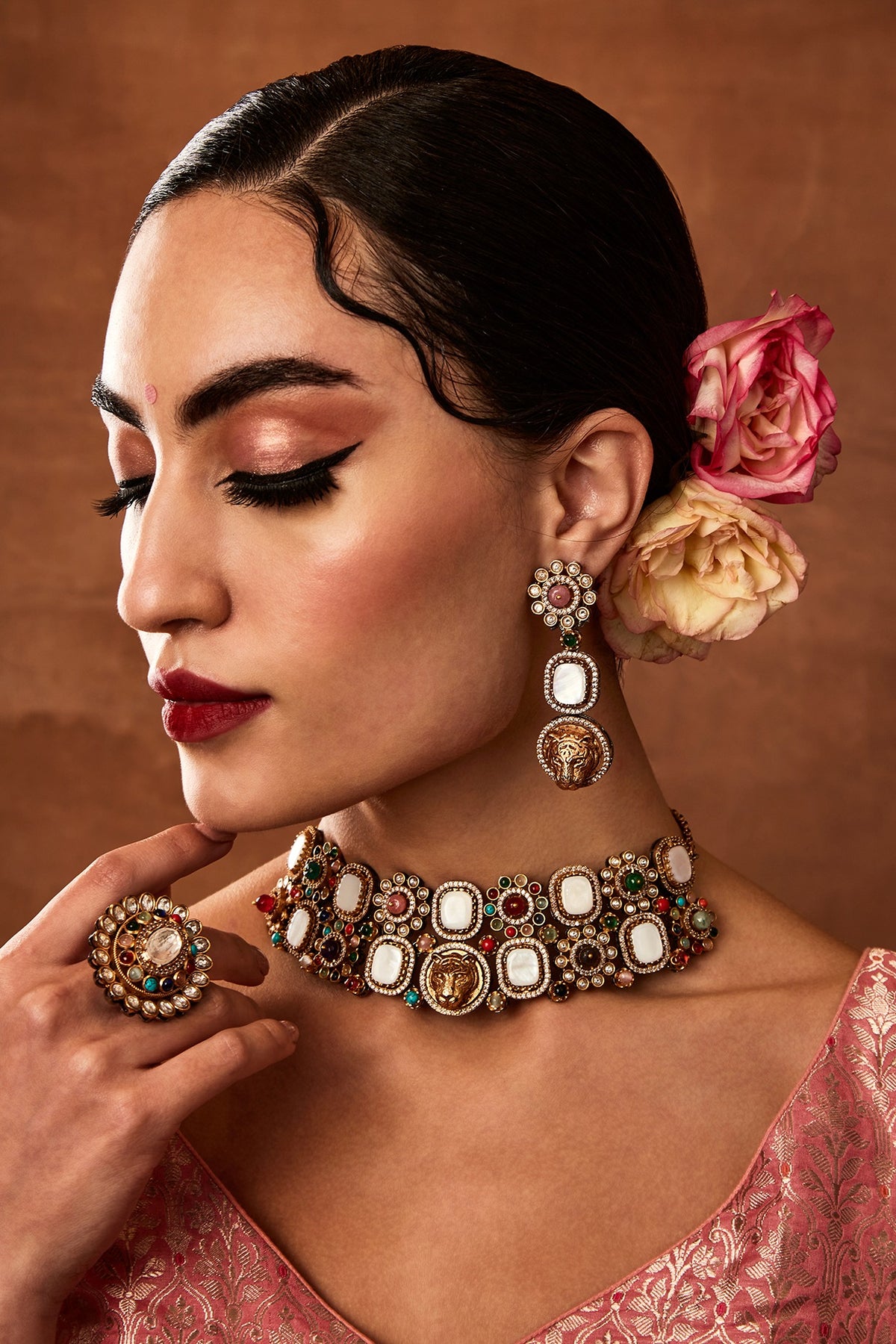 Gold Finish Navratna Stone Choker Necklace Set