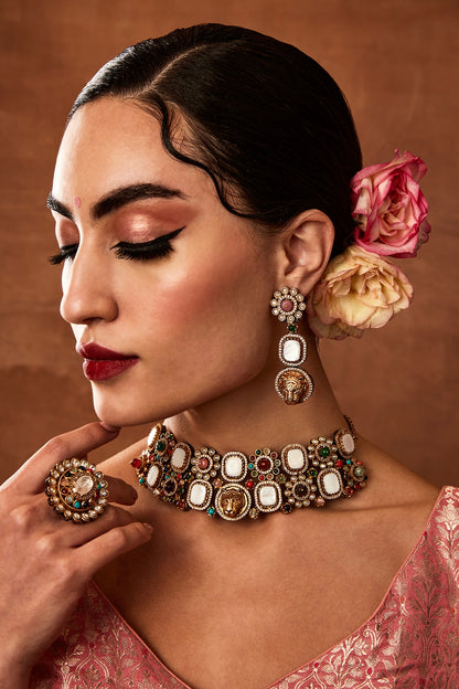 Gold Finish Navratna Stone Choker Necklace Set