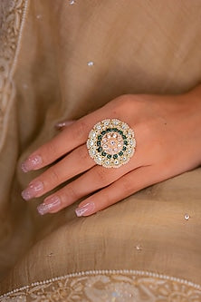 Gold Finish Moissanite Polki & Emerald Ring