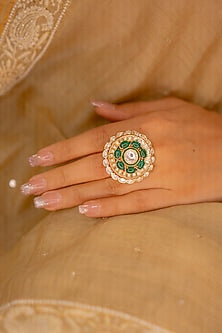 Gold Finish Kundan Polki & Emerald Stone Floral Ring