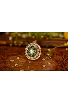 Gold Finish Kundan Polki & Emerald Stone Floral Ring