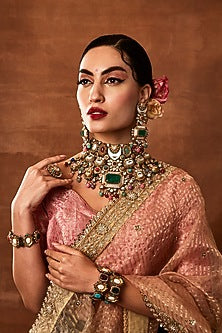 Gold Finish Navratna Stone Choker Necklace Set