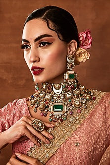 Gold Finish Navratna Stone Choker Necklace Set