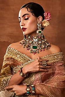 Gold Finish Navratna Stone Choker Necklace Set