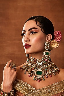 Gold Finish Navratna Stone Choker Necklace Set