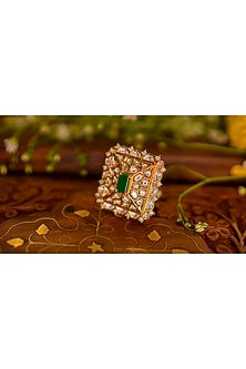 Gold Finish Kundan Polki & Emerald Stone Ring