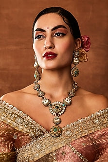 Gold Finish Navratna Stone Long Necklace Set
