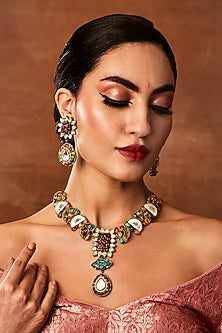 Gold Finish Navratna Stone Necklace Set