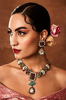 Gold Finish Navratna Stone Necklace Set