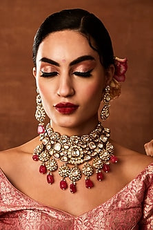 Silver Finish Kundan Polki & Ruby Beaded Meenakari Choker Necklace Set