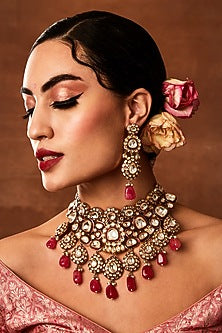Silver Finish Kundan Polki & Ruby Beaded Meenakari Choker Necklace Set