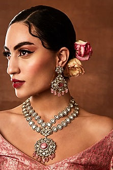 Gold Finish Kundan Polki Long Necklace Set