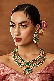 Gold Finish Kundan Polki & Emerald Beaded Layered Necklace Set