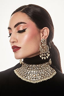 Gold Finish Kundan Polki & Pearl Choker Necklace Set