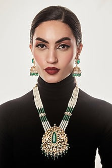 Gold Finish Kundan Polki & Pearl Long Necklace Set