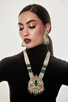 Gold Finish Kundan Polki & Pearl Long Necklace Set