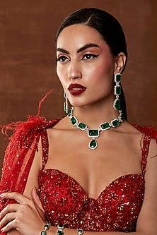 White Finish Swarovski Crystal & Emerald Stone Necklace Set