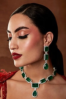 White Finish Swarovski Crystal & Emerald Stone Necklace Set