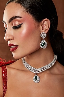 White Finish Swarovski Crystal & Green Stone Pendant Necklace Set