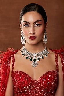 White Finish Swarovski Stone & Emerald Diamond Necklace Set