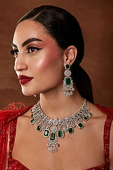 White Finish Swarovski Stone & Emerald Diamond Necklace Set