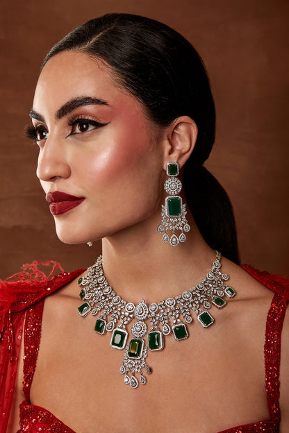 White Finish Swarovski Stone & Emerald Diamond Necklace Set
