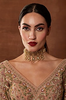 Gold Finish Laxmi Motif & Pearl Temple Choker Necklace Set