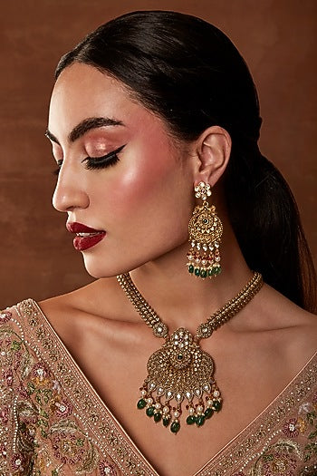 Gold Finish Emerald Beaded Long Pendant Necklace Set