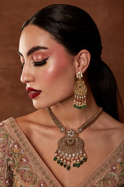 Gold Finish Emerald Beaded Long Pendant Necklace Set