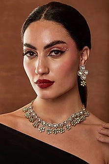Gold Finish Mint Kundan Polki & Mint Stone Floral Necklace Set