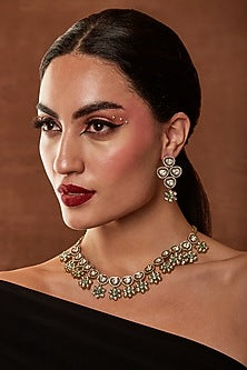 Gold Finish Mint Kundan Polki & Mint Stone Floral Necklace Set