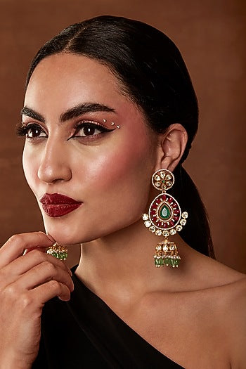 Gold Finish Ruby & Emerald Stone Jhumka Earrings