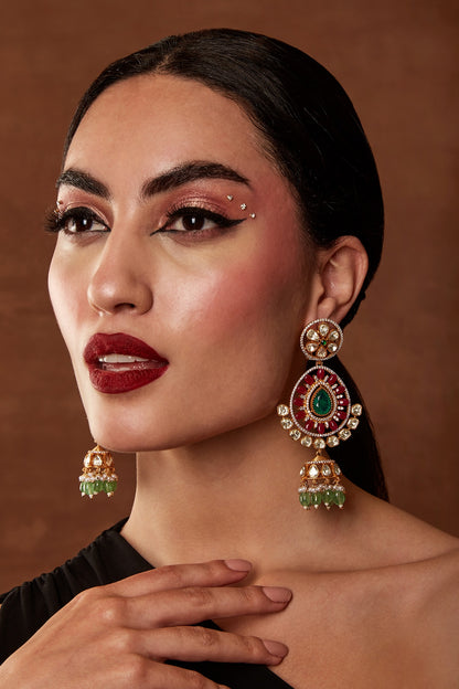 Gold Finish Ruby & Emerald Stone Jhumka Earrings