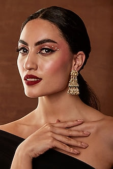 Gold Finish Motif & Polki Temple Jhumka Earrings