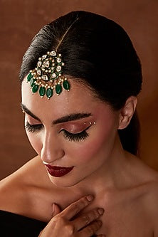 Victorian Gold Finish Kundan Polki & Emerald Beaded Maangtikka