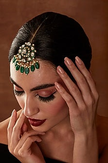 Victorian Gold Finish Kundan Polki & Emerald Beaded Maangtikka