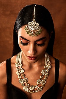 Gold Finish Kundan Polki & Mint Beaded Maang Tikka In Sterling Silver